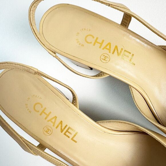CHANEL Beige & Black Cap Toe Slingback Heels 39 US 8.5 CC Logo Almond Toe - Picture 6 of 14